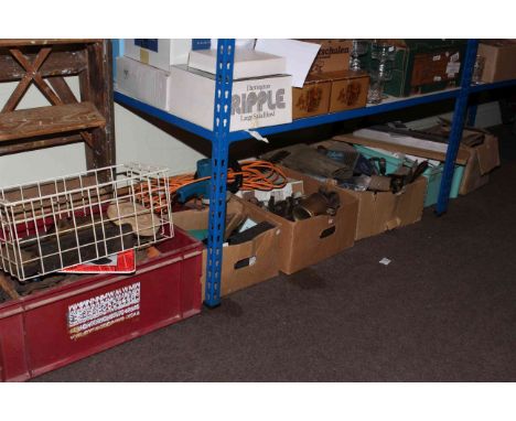 Six boxes of tools including blow lamp, planes, hedge trimmer, two pairs of steps, etc.