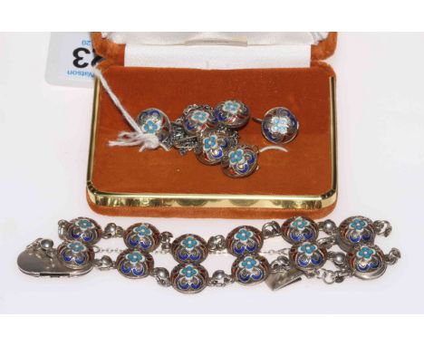 Russian silver and enamel bracelet, pendant, brooch and earring set.