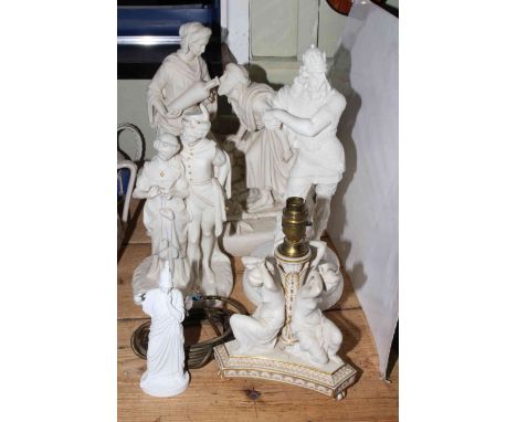 Collection of five Victorian Parian groups and figures including Three Graces table lamp, 19cm (without lamp holder), Taking 