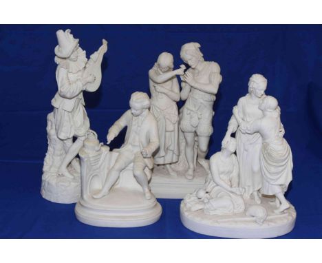 Four Victorian Parian groups; Robinson and Leadbeater lute player, 40cm, James Watt, 28cm; Minton Naomi and her Daughter-in-L