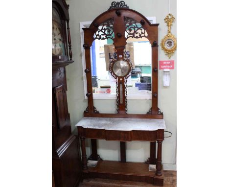 Victorian mahogany marble topped skeleton hallstand with barometer and thermometer, silvered dial signed J. Predary, Manchest