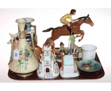 Tray lot with Worcester blush vase, Coalport church and cottage, Noritake vase, Beswick equestrian, small Moorcroft dish, etc