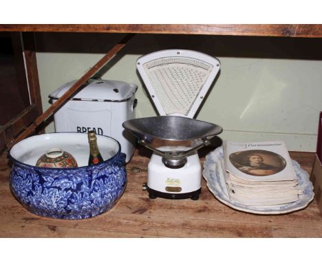 Enamel bread bucket, Berkel Auto Scale Co. Ltd London scales, footbath, meat plate, magazines, etc.