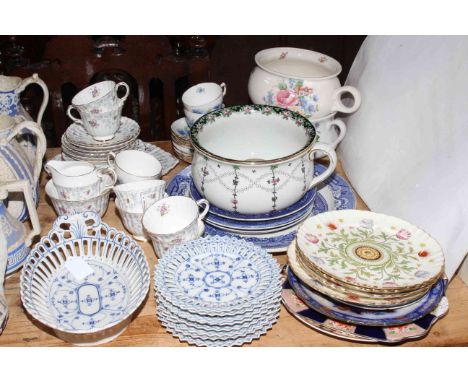 Four Minton dessert plates, Royal Stafford 'Enchantment' tea set, blue and white plates, chambers and Continental service.