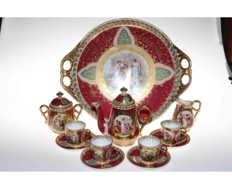 Vienna porcelain cabaret set with Kaufmann classical decoration comprising large tray 42cm across, coffee pot, sugar and crea