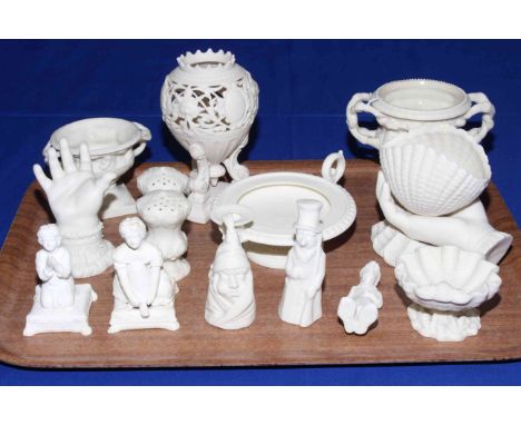 Tray lot with Victorian Parian candle snuffers, pepperettes, ring stand, urn vases, etc (14).