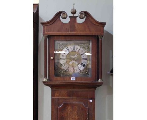 Oak and mahogany brass dial 30 hour longcase clock, signed Ellen Burrell, overall height 210cm.