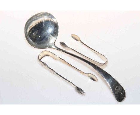 Silver soup ladle, Sheffield 1893, and two pair of silver tongs (3).