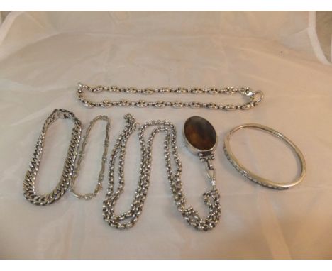 A quantity of modern silver costume jewellery comprising bangle, two bracelets, a short necklace and a long necklace with aga