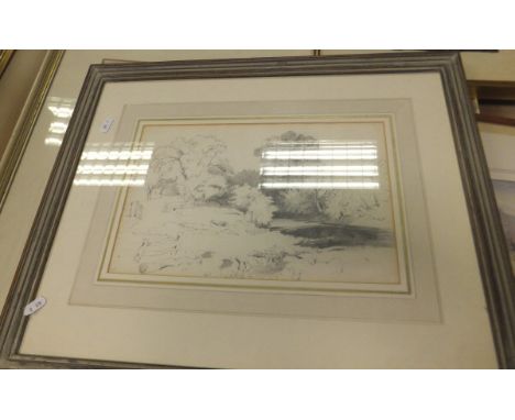 BENJAMIN WILLIAMS LEADER "Wooded stream with wooden fence and gate", pencil study, unsigned, inscribed on "Barry M Keane Gall
