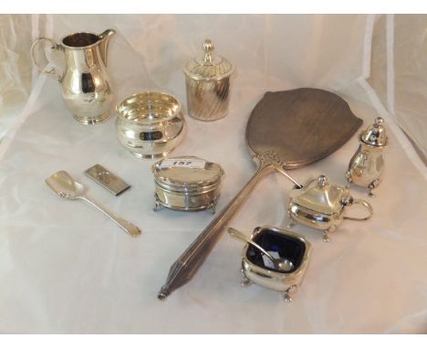 A modern silver milk jug and sugar bowl (Birmingham, 1967 and 1968), together with a silver three piece cruet comprising pepp