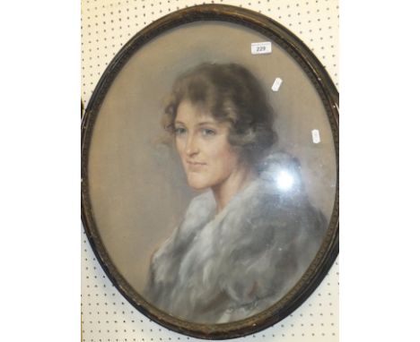 CHALOTTE BLAKENEY WARD 1925 "Rosamond Mospratt", pastel portrait of brown haired lady in silver fox coat