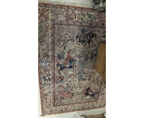 A modern Belgian "Muskabad" machine made Persian style rug decorated with hunting scenes and figures on horseback, on a taupe