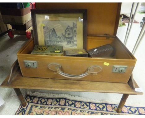 An oak bed tray and Smith's suitcase containing black and white print AFTER H ELLETT "Corner of Cricklade & Castle Streets 18