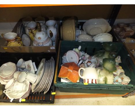 Four boxes of assorted chinaware to include decorative table lamp, Johnson Brothers "Madison" wares, etc