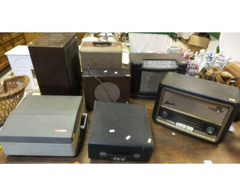 Seven various bakelite, walnut cased and other radios, a Celestion loud speaker, Imperial manual typewriter, Revere magnetic 