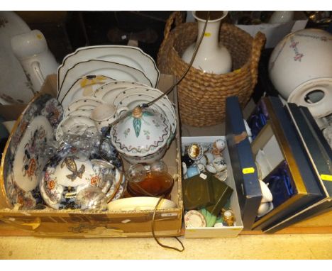 A box of assorted china wares to include Shelley meat plates, Adderleys hand-painted dinner wares, a Bunnykins porridge dish 