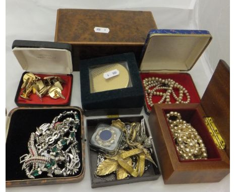 A box of assorted costume jewellery to include Stratton compact, various cufflinks, necklaces, etc and a walnut box stamped "