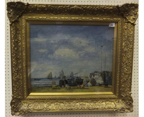 AFTER EUGENE BOUDIN "Beach scene at Trouville", oil on board in gilt effect frame CONDITION REPORTS Approx 50 x 41cm.  Light 