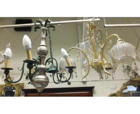 A brass and glass three branch electric ceiling light fitting decorated with glass drops, together with another five branch c