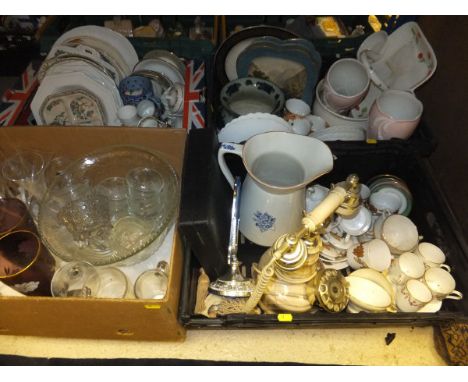 Five boxes of assorted ornamental china wares to include plates, mugs, table lamp, etc and a box of assorted glassware