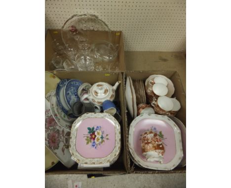 Two boxes of assorted china wares to include Victorian pink and gilt decorated fruit service comprising comport and plates an