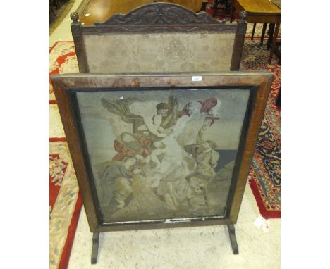 A large 19th Century carved oak fire screen with fabric panel inset and acanthus decorated surmount, and a large oak rectangu
