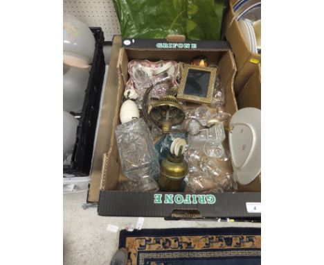 A box of assorted glassware to include decanters, etc, together with two pulley light systems, etc