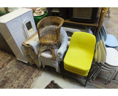 A collection of child's furniture to include a suite of white painted cane furniture, a cane chair, kidney shaped dressing ta