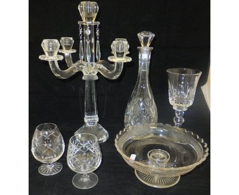 A Villeroy & Boch cut glass four branch five light candelabra with glass drops, together with mid 20th Century pink glass hoc