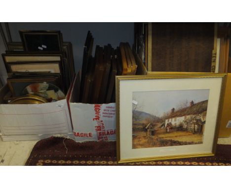 Three boxes of assorted prints to include AFTER MICHAEL LEES "Hawker's Coombe", study of cottage, modern print, etc