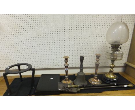 A pair of 19th Century plated candlesticks (v worn), late Victorian oil lamp with etched glass shade, turned wooden handled b