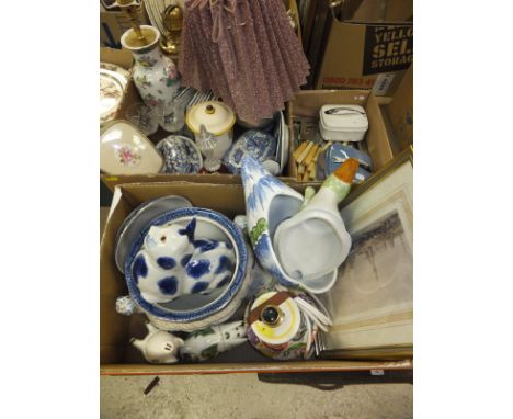 Two boxes of chinaware to include two Rye pottery pigs, a Poole pottery table lamp and pin dish, etc, together with a box of 