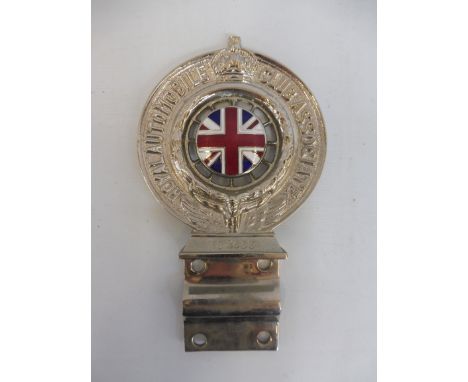 A large Royal Automobile Club Associate car badge, nickel plated brass with good enamel union jack centre, no. N82633, marked