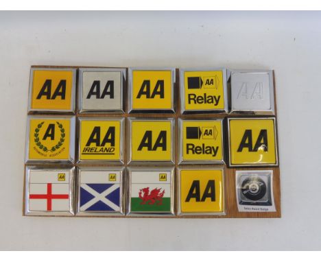 A board of 14 new style AA badges, 1966 onwards including a prototype, never issued, a trial colourway white background badge