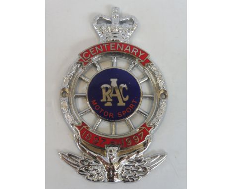 A boxed Royal Automobile Club Centenary Motor Sport member badge (1897-1997) produced 1997, chrome plated and enamel, no MSA1