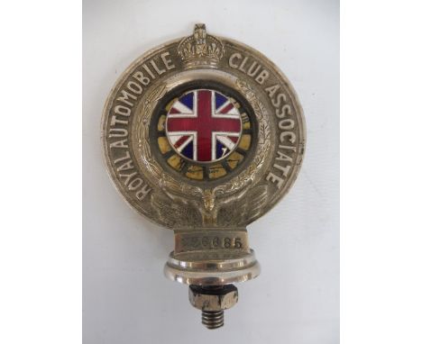 A Royal Automobile Club Associate car badge, with a good enamel union jack centre, nickel plated brass with solid celluloid d
