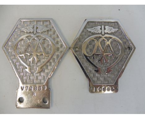 An AA light commercial badge, small type 3, circa 1950s-1960s, stamped V106444, chrome plated brass, plus a small type 2, cir