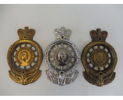 A Royal Automobile Club full member badge type 14, chrome plated version, plus a brass version and a bronzed version. 
