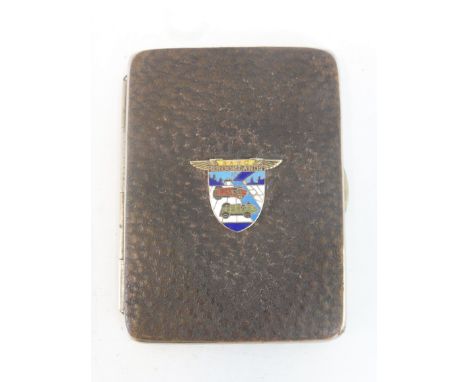A leather and silver plated wallet mounted with a BARC Brooklands enamel badge.