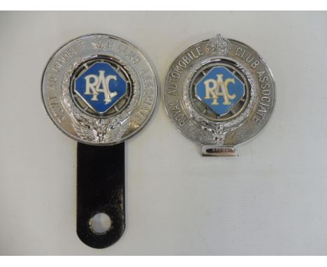 An RAC Associate pressed metal car badge with lozenge enamel centre, bracket type plus a second Associate badge, flat radiato
