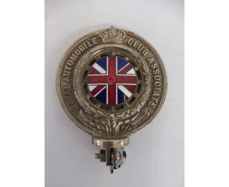 A Royal Automobile Club Associate motorcycle badge with number plate fixing, nickel plated brass, with enamel union jack cent