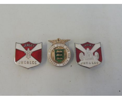 Two Jersey Motor Club and Light Car Club enamel lapel badges plus a Guernsey Motor Cycle and Car Club enamel lapel badge. 