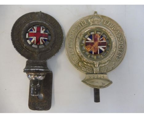 Two Royal Automobile Club Associate car badges, one nickel, the second chrome plated. 