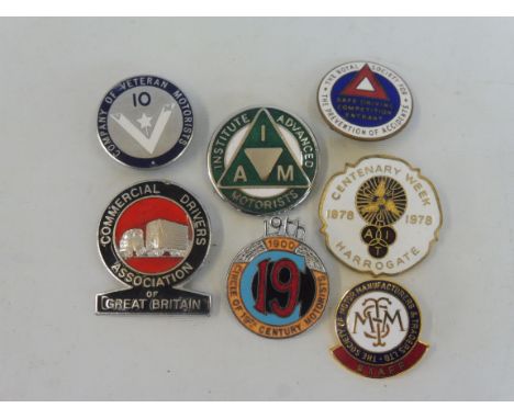 Seven assorted enamel lapel badges including Circle of 19th Century Motorists, Company of Veteran Motorists etc. 