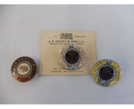 A Royal Automobile Club Associate badge with Trailer Caravan Club enamel centre on original J.R. Gaunt &amp; Son card, plus a
