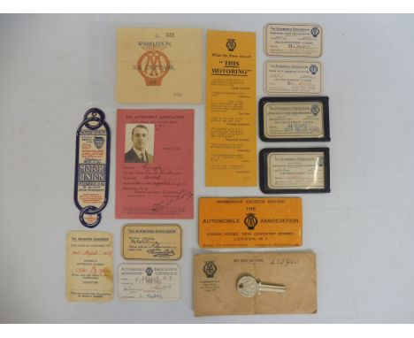 A small collection of AA ephemera including a Wimbledon AA Car Park ticket, membership tickets, and a rare AA Motor Union boo