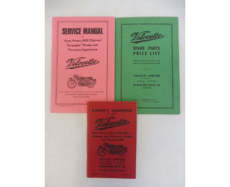 A Velocette motorcycle spare parts price list, 1960, a service manual for Viper, Venom, MSS, 'Clubman' and 'Scrambler' models