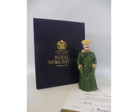 A boxed limited edition Royal Worcester porcelain figure of an Edwardian gentleman motorist candle snuffer, complete with mat