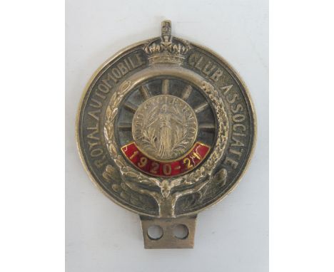 A Royal Automobile Club Associate Auto Cycle Union badge with enamel date of 1920-21, stamped R7 Elkington &amp; Co Ltd.
